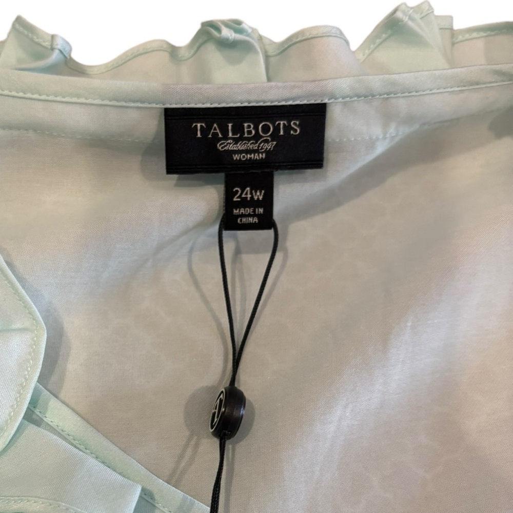 Talbots Women’s Light Aqua Blue Silk Blend‎ Ruffled Neck Blouse Size 24W (NWT) - Picture 4 of 8